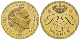 Monaco, Rainier 1949-2005
Piéfort de 5 Francs, 1971, AU 39.6 g. Ref : G. MC153
Conservation : PCGS SP67
Quantité : 250 exemplaires. Rare