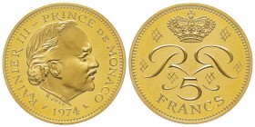 Monaco, Rainier 1949-2005
Piéfort de 5 Francs, 1974, AU 39.6 g. Ref : G. MC153
Conservation : PCGS SP64
Quantité : 250 exemplaires. Rare