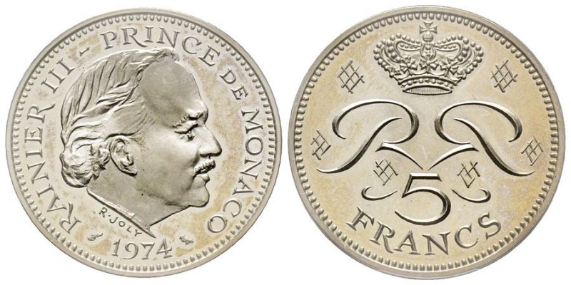 Monaco, Rainier 1949-2005
Piéfort de 5 Francs, 1974, AG 39.6 g. Ref : G. MC153
...