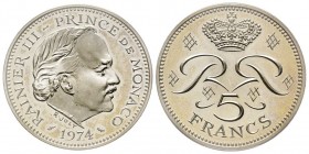 Monaco, Rainier 1949-2005
Piéfort de 5 Francs, 1974, AG 39.6 g. Ref : G. MC153
Conservation : PCGS SP64
Quantité : 250 exemplaires. Rare