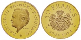 Monaco, Rainier 1949-2005
Piéfort de 10 Francs, 1974, AU 38.8 g. Ref : G. MC156
Conservation : PCGS SP68
Quantité : 250 exemplaires. Rare