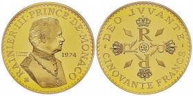 Monaco, Rainier 1949-2005
Piéfort de 50 Francs, 1974, AU 102.6 g. Ref : G. MC162
Conservation : PCGS SP66
Quantité : 250 exemplaires. Rare