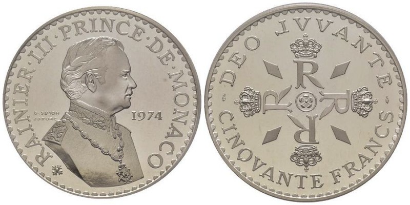 Monaco, Rainier 1949-2005
Piéfort de 50 Francs, 1974, AG 59.6 g. Ref : G. MC162...
