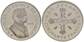 Monaco, Rainier 1949-2005
Piéfort de 50 Francs, 1974, AG 59.6 g. Ref : G. MC162
Conservation : PCGS SP66
Quantité : 250 exemplaires. Rare