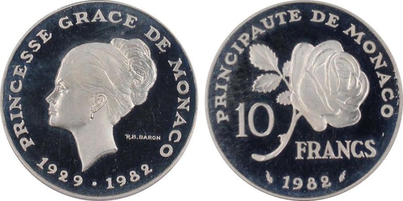 Monaco, Rainier 1949-2005
Piéfort de 10 Francs Grace Kelly, 1982, AG 22.8 g. Re...