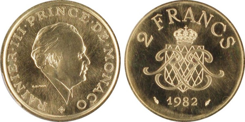 Monaco, Rainier 1949-2005
Piéfort de 2 Francs, 1982, AU 30.9 g. Ref : G. MC151,...