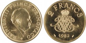 Monaco, Rainier 1949-2005
Piéfort de 2 Francs, 1982, AU 30.9 g. Ref : G. MC151, CC 60
Conservation : PCGS SP69
Quantité : 250 exemplaires. Rare