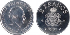 Monaco, Rainier 1949-2005
Piéfort de 2 Francs, 1982, AG 18 g. Ref : G. MC151
Conservation : PCGS SP67
Quantité : 250 exemplaires. Rare