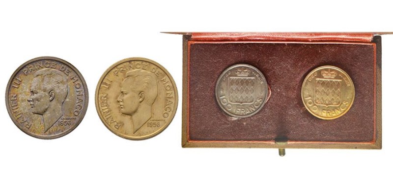 Monaco, Rainier 1949-2005
Coffret avec 100 Francs ESSAI en or et en argent, 1956...