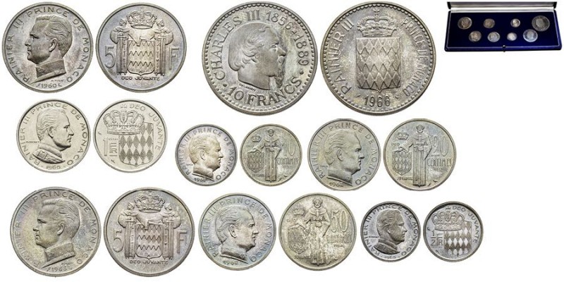 Monaco, Rainier 1949-2005
Coffret contenant 8 Essais en argent: - 10 Francs 1966...