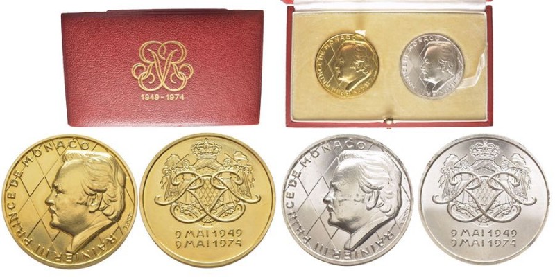 Monaco, Rainier 1949-2005
Lot de deux médaille en or et argent, 1974, 25 ans de ...