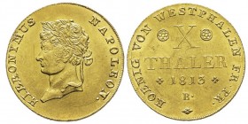 Westphalie
Jérôme Napoléon 1807-1813
X Thaler Gold, 1813 Brunswick, AU 13.30 g.
Ref : VG 1952, Fr. 3513
Conservation : rayures sinon Superbe