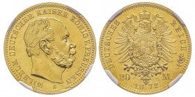 Wilhelm II 1888-1918
20 Mark, Berlin, 1872 A, AU 7.96 g. Ref : Jaeger 243A, Fr. 3800 Conservation : PCGS MS65