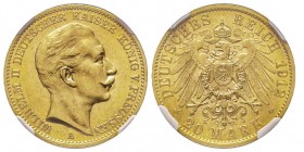 Wilhelm II 1888-1918
20 Mark, Berlin, 1912 A, AU 7.96 g.
Ref : Jaeger 252, Fr. 3831
Conservation : NGC MS64