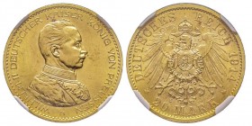 Wilhelm II 1888-1918
20 Mark, Berlin, 1914 A, AU 7.96 g.
Ref : Fr. 3833, KM#537, J.253
Conservation : PCGS MS64