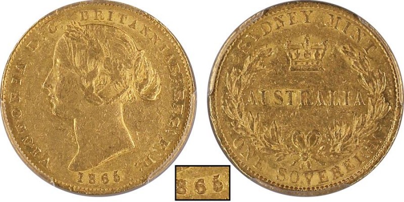 AUSTRALIE
Victoria 1837-1901
Sovereign, Sydney, 1865, AU 7.98 g. 917‰ 65 sur 64
...