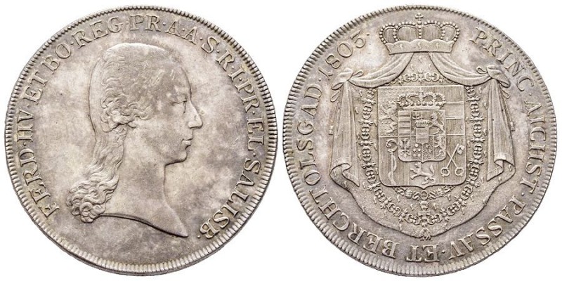 Prince Ferdinand III 1803-1805
Taler, Salzburg, 1803, AG 27.82 g. Ref : Dav. 43,...