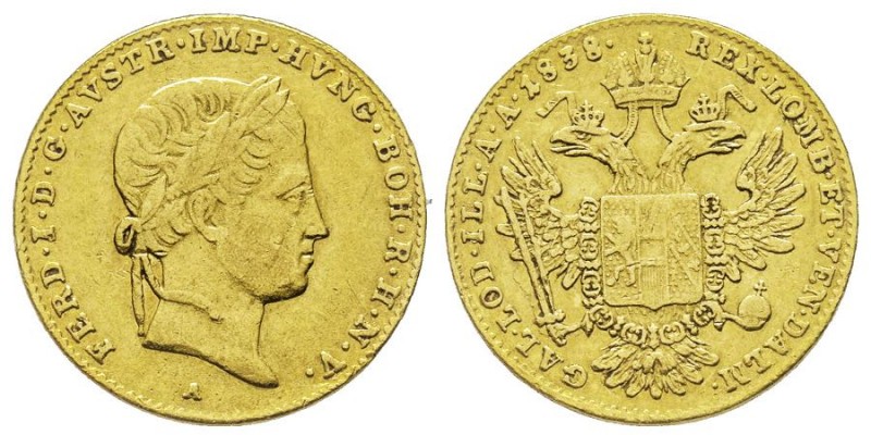 Ferdinand I 1835-1848
Ducat, Vienne, 1838 A, AU 3.49 g.
Ref : Fr.481, Herinek 20...
