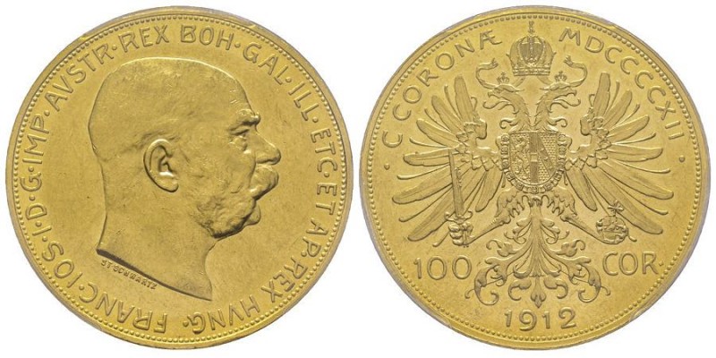 Franz Joseph 1848-1916
100 Corona, 1912, AU 33.87 g.
Ref : Fr.507, KM#2819, J. 3...