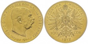 Franz Joseph 1848-1916
100 Corona, 1912, AU 33.87 g.
Ref : Fr.507, KM#2819, J. 388 Conservation : PCGS MS61. Rare Quantité : 3591 exemplaires