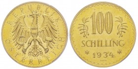 République 1918-
100 Schilling, 1934, AU 23.52 g.
Ref : Fr. 520, KM#2842
Conservation : PCGS PL63 PROOF LIKE