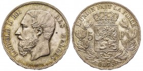 Léopold II 1865-1909
5 Francs, Bruxelles, 1875, AG 25 g.
Ref : Dupriez 1186, KM#24
Conservation : FDC