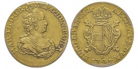 Marie-Thérèse 1740-1780
Double Souverain d´or, Antwerpen (Anvers) 1749h R, AU 11.1 g.
Ref : Fr. 130, Delm.208
Conservation : PCGS AU50