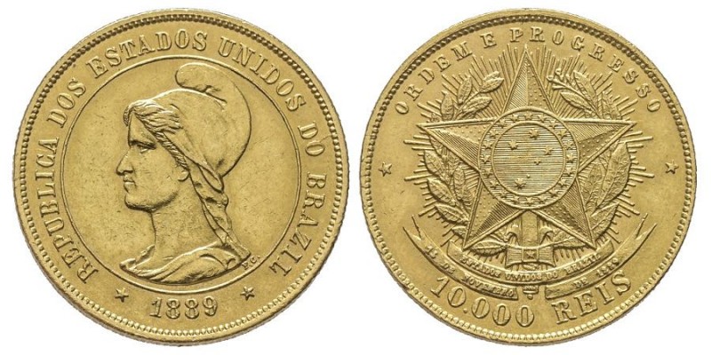 Republic, 1889-
10000 Reis, Rio de Janeiro, 1889, AU 8.96 g.
Ref : Fr.125, KM#49...