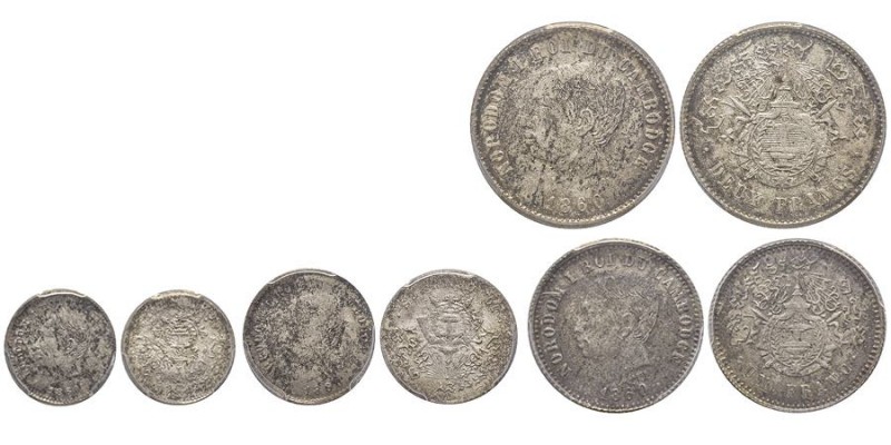 Cambodia
Norodom I 1860-1904
2 Francs, 1860, AG 10 g. / Ref : Lec.70 
1 Franc, 1...