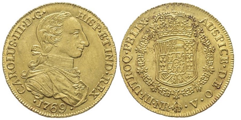 Colombia
Carlos III 1759-1788
8 Escudos «Cara de rata», Nuevo Reino, 1769 NR V, ...