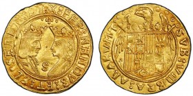 Fernando II et Isabella (Reyes Católicos) 1474-1504
Doble excelente, AU 7 g.
Ref : Fr. 129, Calicò 733 var., Tauler 194 var. Conservation : PCGS MS6...
