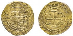 Fernando II et Isabella (Reyes Católicos) 1474-1504
Escudo, Toledo, NF, AU 2.89 g.
Avers : + FERNANDVS ET ELISABET
Revers : + HIPANIARVM REGES SICIL
...