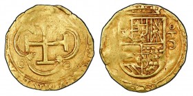 Felipe II 1556-1598 
2 escudos, Toledo, T C à droite de l'écusson avec C à l'envers, date illisible, Type «OMNIVM», AU 6.55 g.
Ref : Cal.-, Tauler-...
