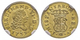 Ferdinand VI 1746-1759
1/2 Escudo, Madrid, 1759 M-J, AU 1.7 g. Ref : Fr. 274, Cal.566, KM#378 Conservation : NGC MS64