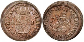 Maravedi, Segovia, 1747, Cuivre 1.2 g. Ref : Cal. 19, KM#368
Conservation : NGC MS63 BN