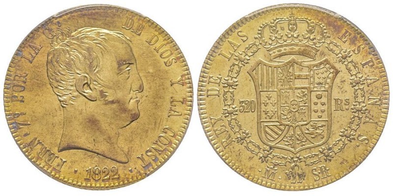 Ferdinand VII 1808-1833
320 Reales Madrid, 1822 M-SR, AU 27 g. Ref : Cal. 1778, ...