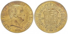 Ferdinand VII 1808-1833
320 Reales Madrid, 1822 M-SR, AU 27 g. Ref : Cal. 1778, Fr. 319.
Conservation : PCGS AU58. Superbe
