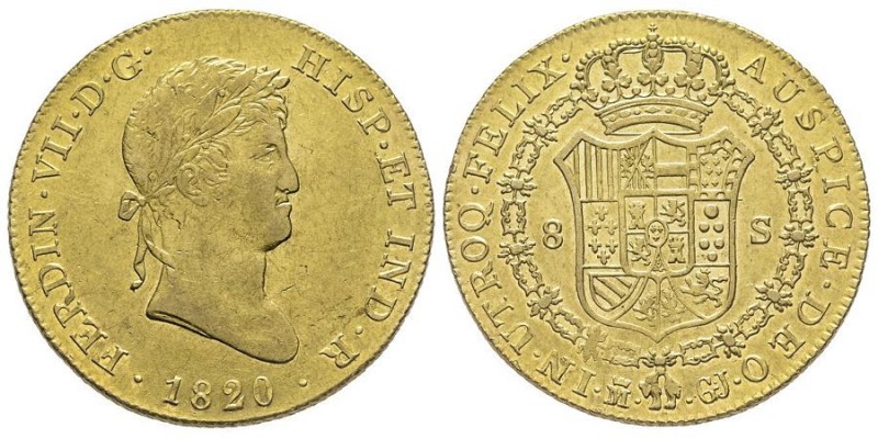 Ferdinand VII 1808-1833
8 Escudos, Madrid, 1820 M-GJ, AU 27.05 g. Ref : Cal.1776...