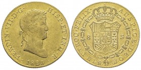 Ferdinand VII 1808-1833
8 Escudos, Madrid, 1820 M-GJ, AU 27.05 g. Ref : Cal.1776, Fr.311, KM#485
Conservation : TTB-SUP