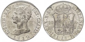 Joseph Napoleon 1808-1814
20 reales, Madrid, 1810 M, AL-AG 27 g. Ref : Cal. 37, KM#551.2
Conservation : NGC MS61.