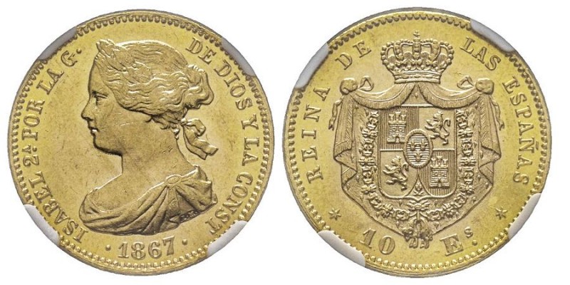 Isabel II 1833-1868
10 Escudos, Madrid, 1867, AU 8.36 g.
Ref : Fr. 336
Conservat...