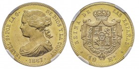 Isabel II 1833-1868
10 Escudos, Madrid, 1867, AU 8.36 g.
Ref : Fr. 336
Conservation : NGC MS63