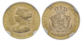Isabel II 1833-1868
40 Reales, Barcelona, 1863, AU 3.36 g.
Ref : Cal. 677, Fr. 332
Conservation : NGC MS61