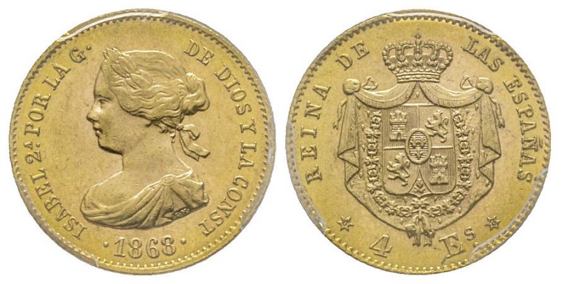 Isabel II 1833-1868
4 Escudos, Madrid, 1868, AU 3.36 g.
Ref : Fr. 337, Cal.693
C...