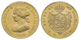 Isabel II 1833-1868
4 Escudos, Madrid, 1868, AU 3.36 g.
Ref : Fr. 337, Cal.693
Conservation : PCGS MS62