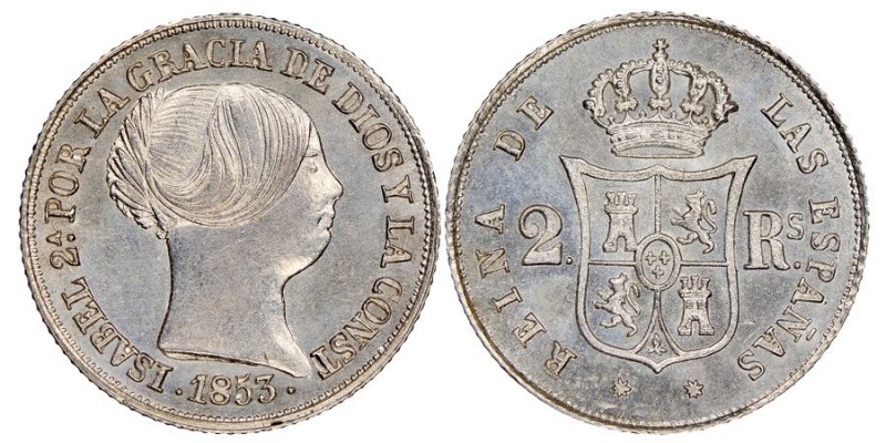 Isabel II 1833-1868
2 Reales, Barcelona, 1853, AG 2.6
Ref : KM#599, Cal.345
Cons...