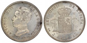 Alfonso XIII 1886-1931
2 Pesetas, 1905, AG 10 g.
Ref : Cal. 88, KM#725
Conservation : NGC MS62