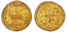 Jean II le Bon 1350-1364
Mouton d’or, ND, AU 4.63 g. Ref : Fr. 280, Dup. 291, Lafaurie 294 Conservation : presque FDC
Traces de nettoyage