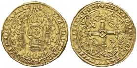 Charles V 1364-1380 
Franc à pied, avril 1365, AU 3.75 g.
Avers : Le roi debout sous un dais, tenant l’épée et la main de justice. Champ fleurdelis...