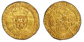 Charles VI 1380-1422
Écu d’or à la couronne,
2ème émission du 28 février 1388, AU 3.71 g. Ref : Dup. 369a, Fr. 291
Conservation : PCGS AU58. Flan...